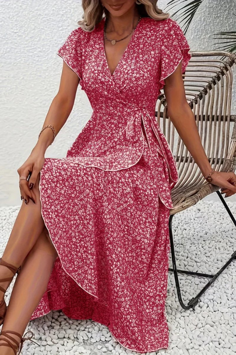 Ava | Women's Floral Wrap Midi Evening Gown V-Neck Flutter-Sleeve Dress 14
