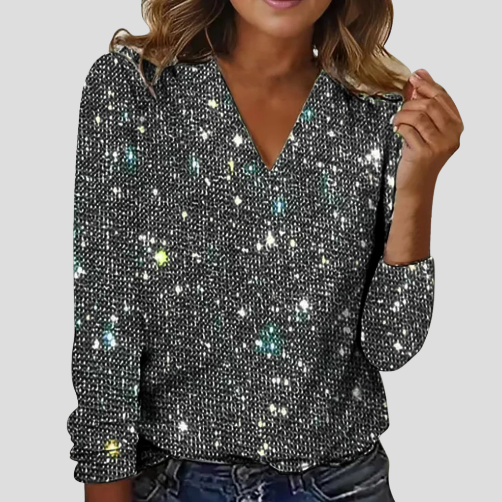 Elegant V Neck Glitter Blouse with Long Sleeves 1