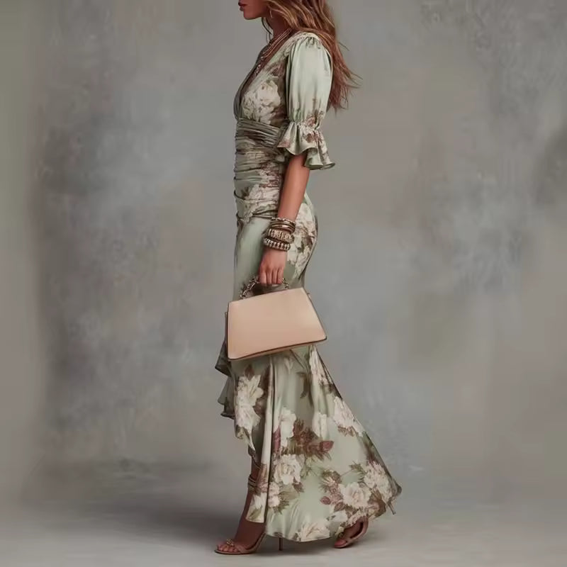 FLORAL MAXI DRESS V-NECK RUFFLES 6