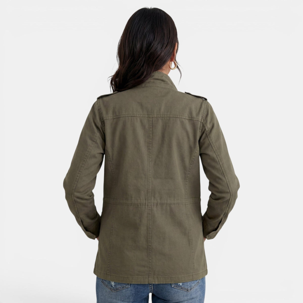 Light gray Lumina Wear Isabella relaxed fit utility jacket with adjustable collar, shown with front pockets and casual style.