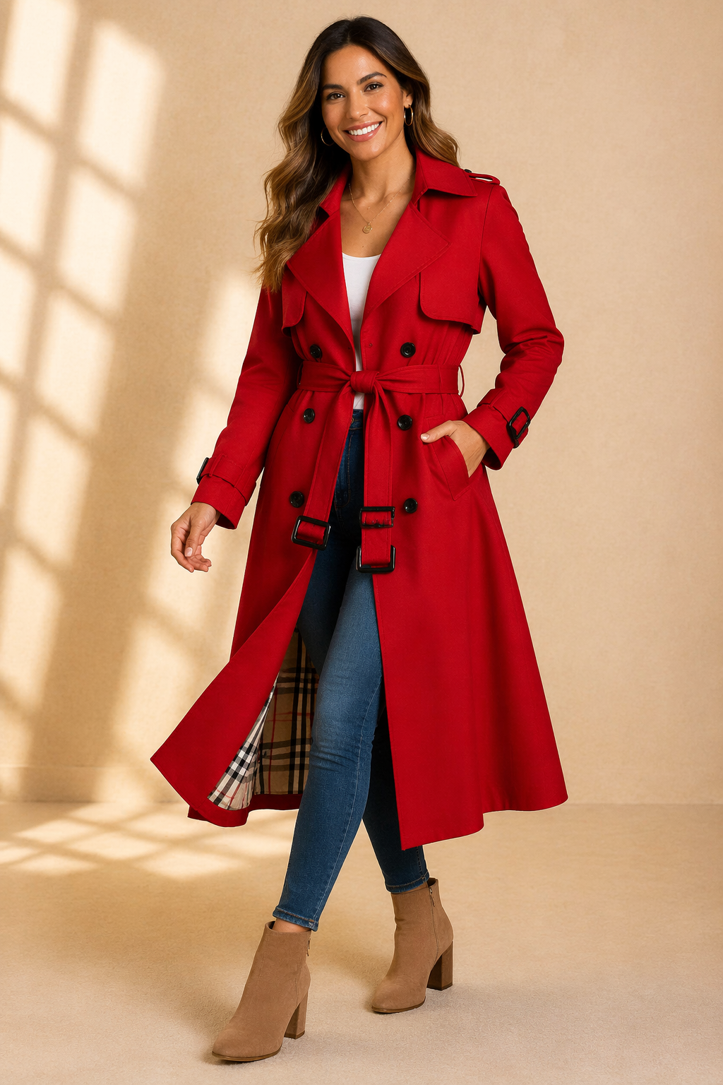 Black tailored trench coat with double-breasted front from Lumina Wear, styled on a mannequin showcasing classic design and sleek fit.