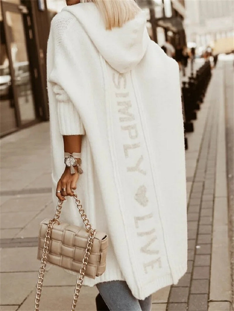 Women’s Hooded Longline Knit Cardigan – Oversized Open-Front Layer with Relaxed Three-Quarter Sleeves for Winter Styling
