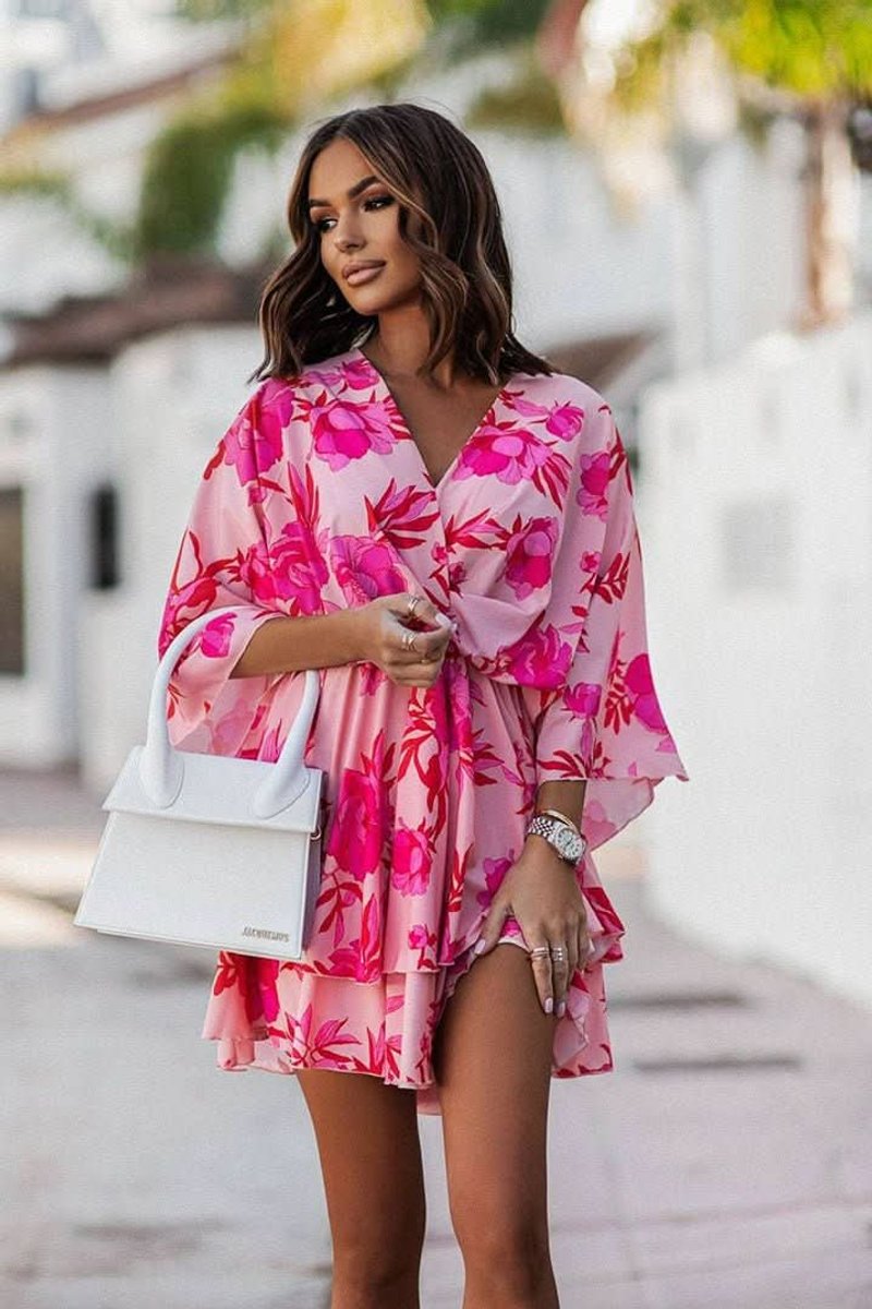 Phoebe | Women's Tropical Print Tiered Mini Cocktail Dress V-Neck 6