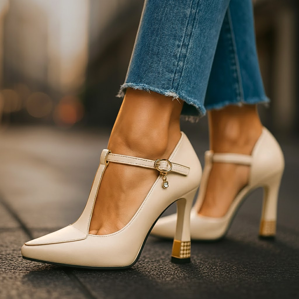 Women's Heels | T-Strap Pointed Toe & Gold Charm Buckle Detail