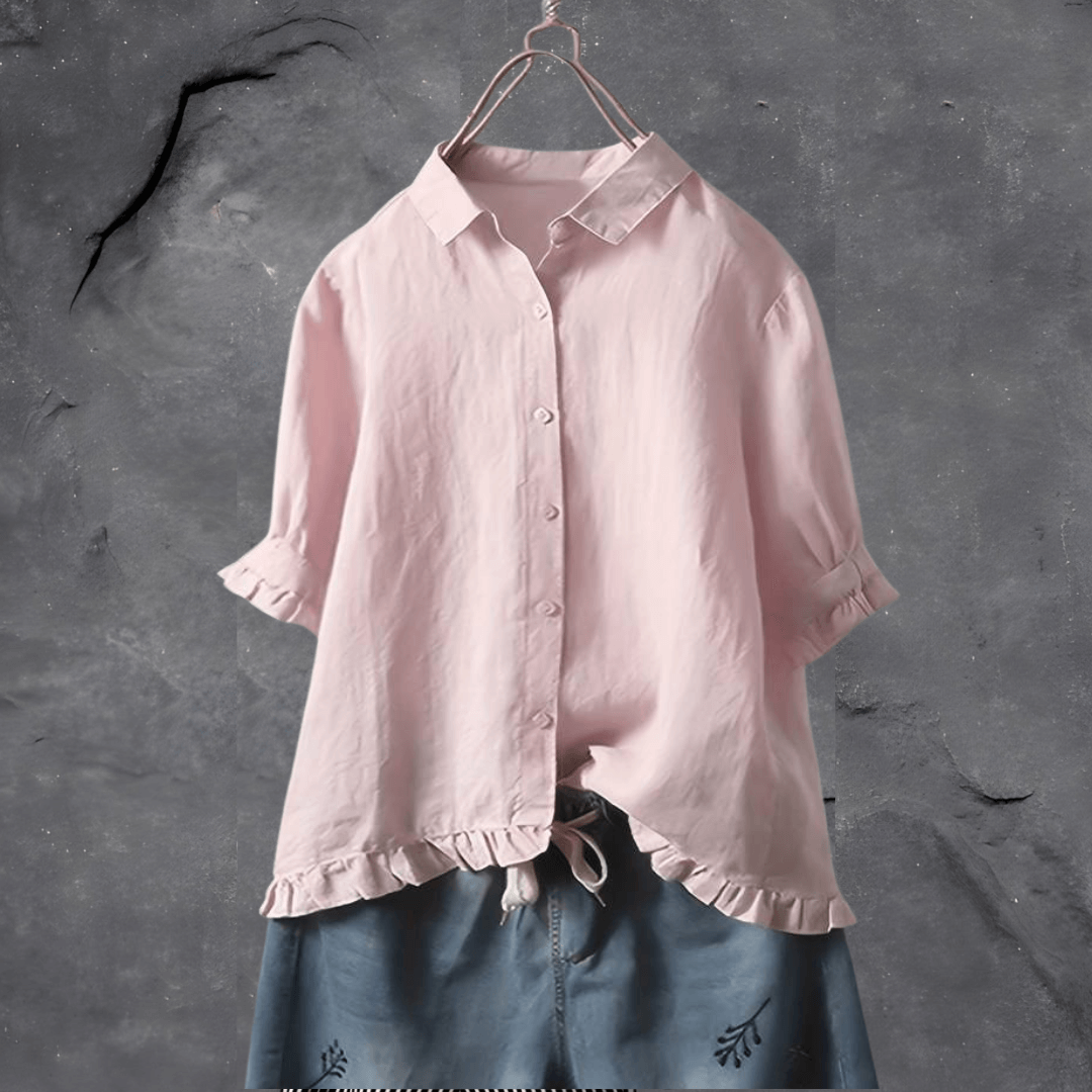 Women's Blouse | Collared Button-Front & Ruffled Hem Detail