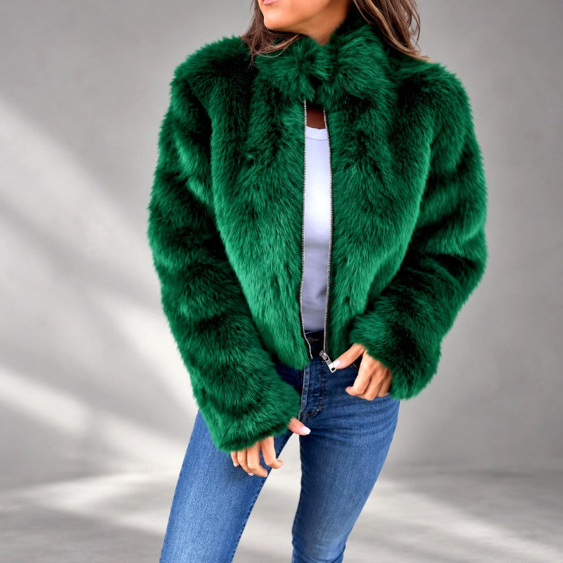 Eglantine - Women's Faux Fur Cropped Zip-Up Jacket 5