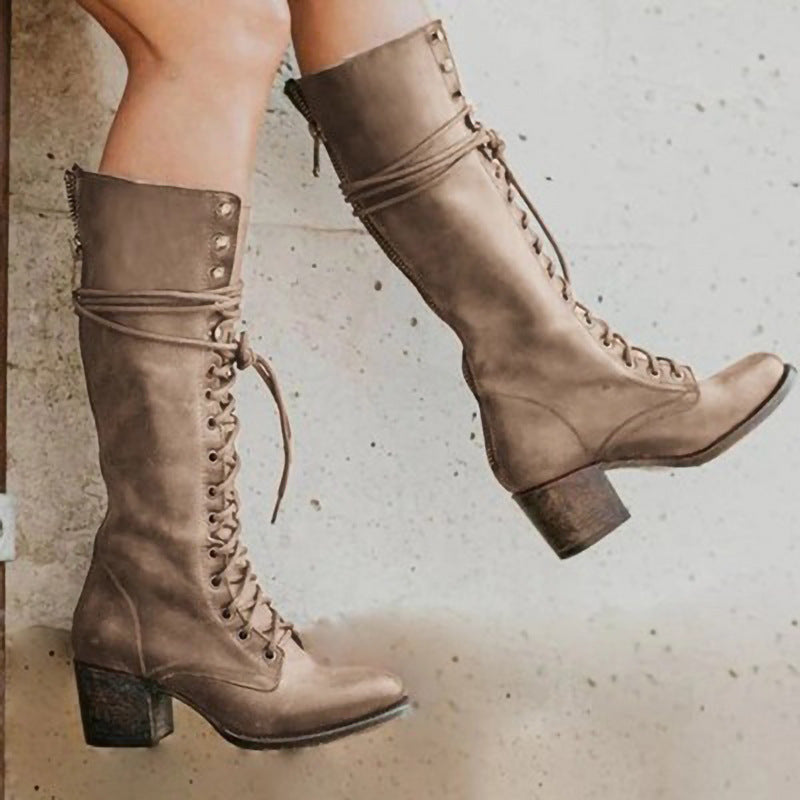 Women's High Boots | Full Lace-Up Front, Stacked Heel