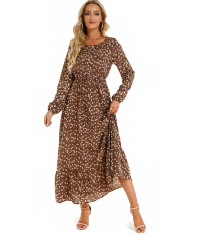 Women's Long Dress | Floral Print Long Sleeve Ruffle Hem