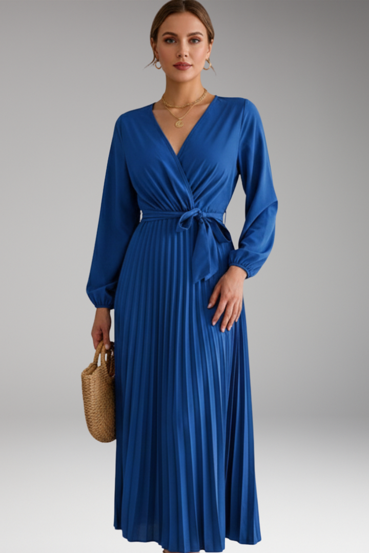 Women's Long Sleeve Dress | Wrap V Neck, Pleated Skirt