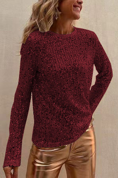 Women's Long Sleeve Top | All-Over Sequins, Round Neck