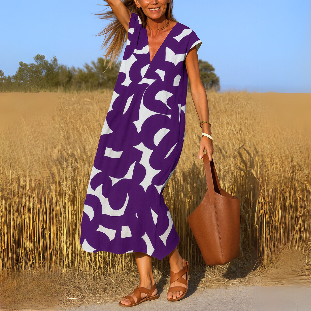 Women's Midi Dress | Geometric Print V Neck Cocoon Shape