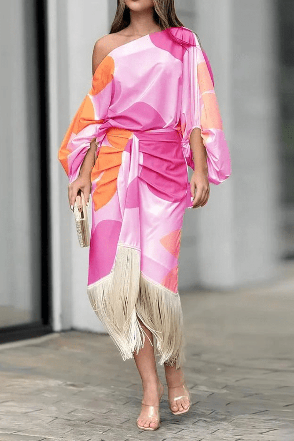 Women's Midi Dress | One Shoulder Abstract Print Wrap Dress