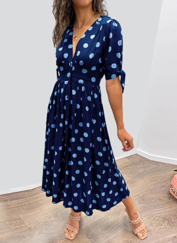 Women's Midi Dress | Polka Dot Button Front Tie Sleeve