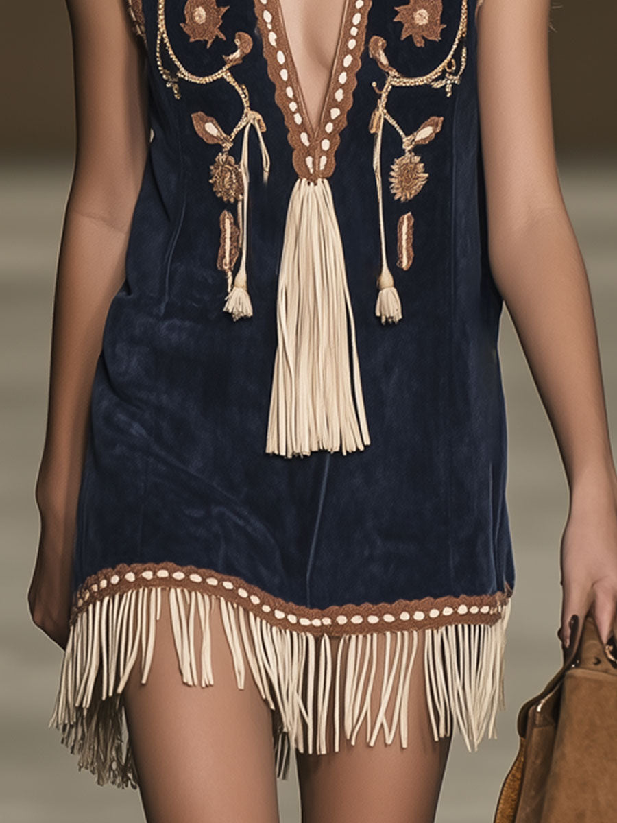 Women's Mini Dress | Embroidered Front, Fringed Hem