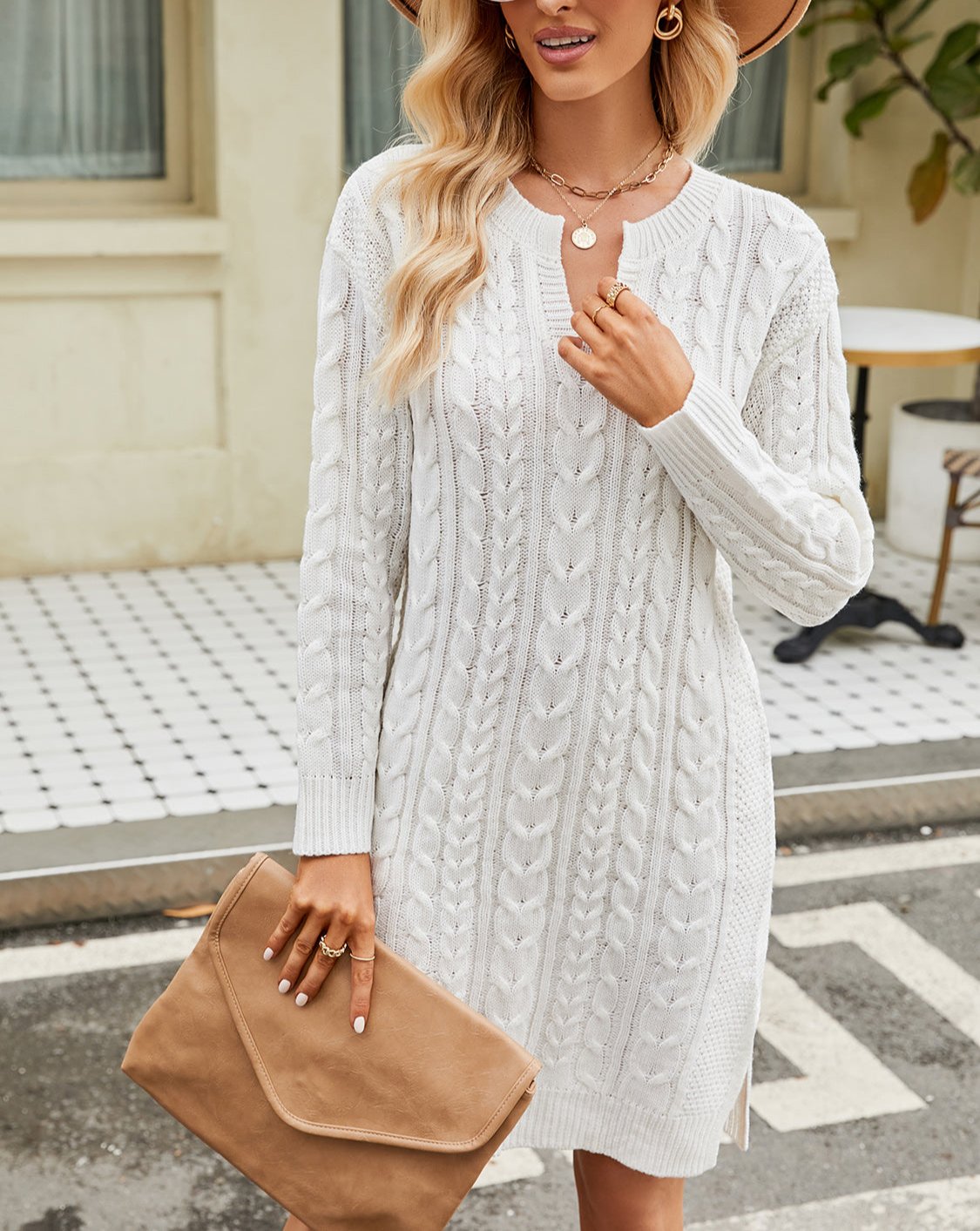 Women's Knit Dress | Cable Knit & V-Neck 7