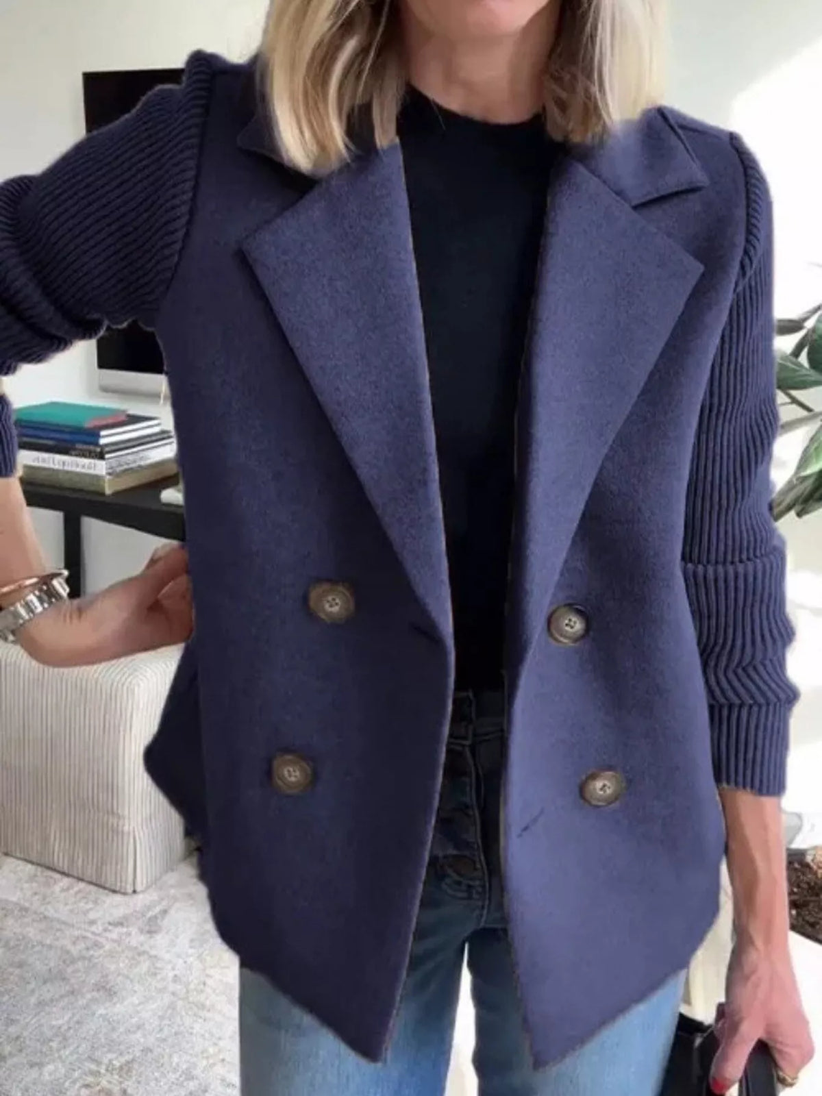 Navy double breasted short coat with shawl collar and knit cuffs