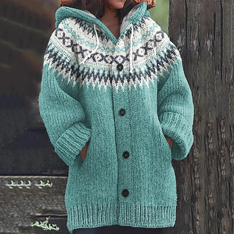 Lyseblå fair isle hooded knit cardigan with button front