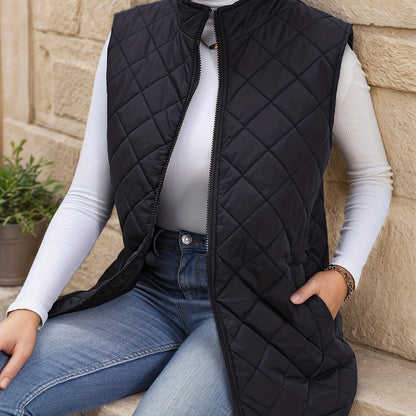 Black diamond quilted longline gilet with zip front, front view