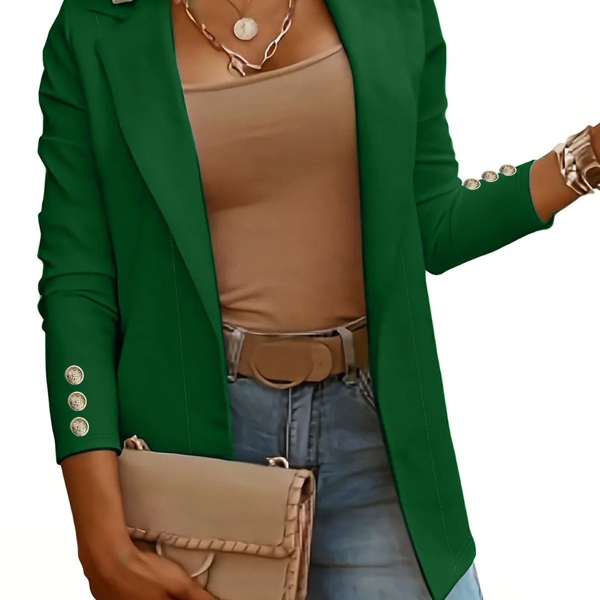 Green longline open front coat with knit sleeves and lapels