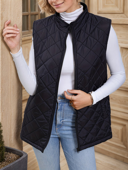 Black diamond quilted longline gilet with zip front