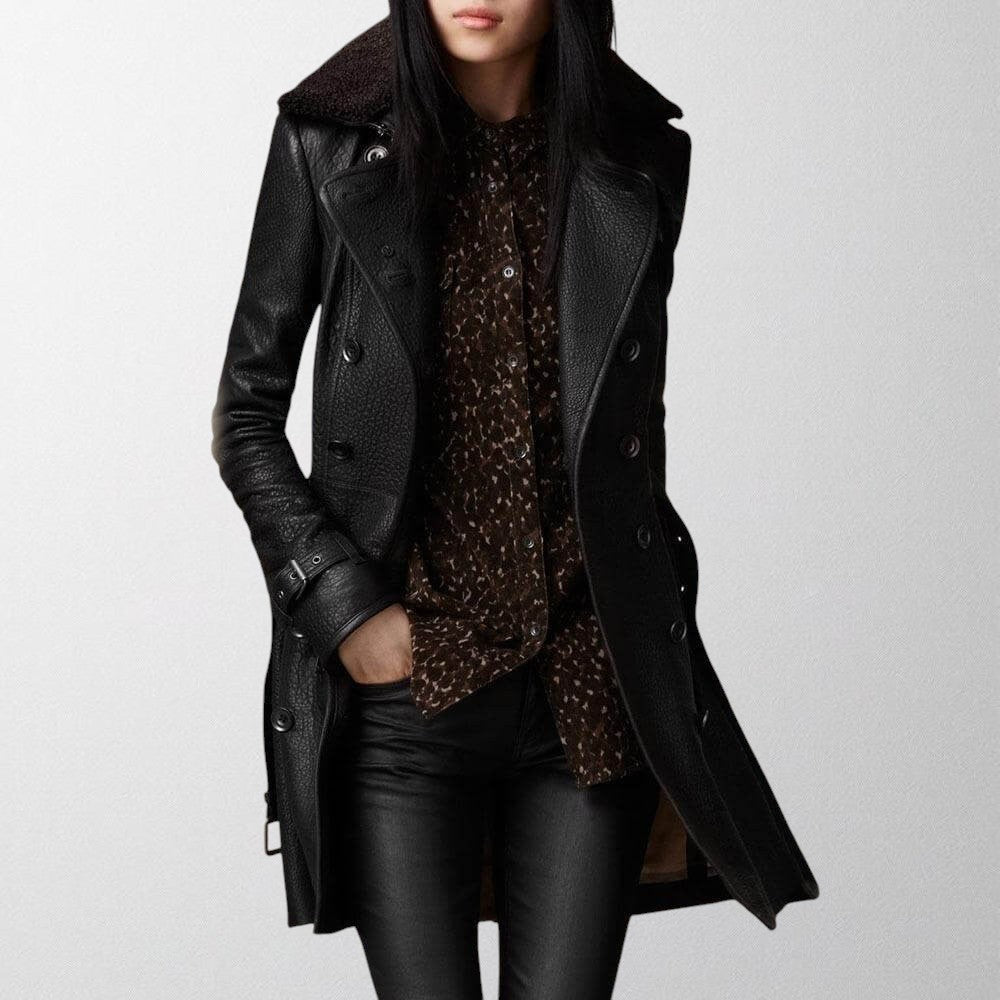 Leather look winter coat with faux fur collar, front view