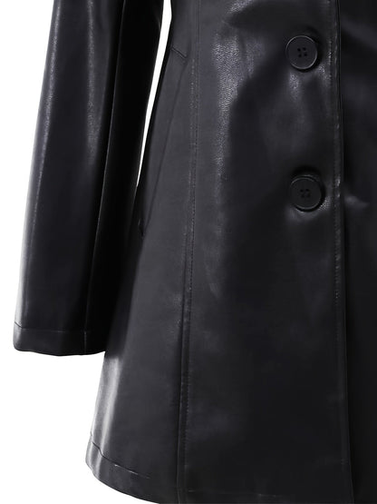 Black leather look longline winter coat with notch lapel