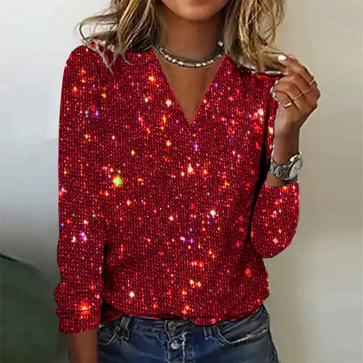Women's Sequined V-Neck Top | Sparkling Evening Wear