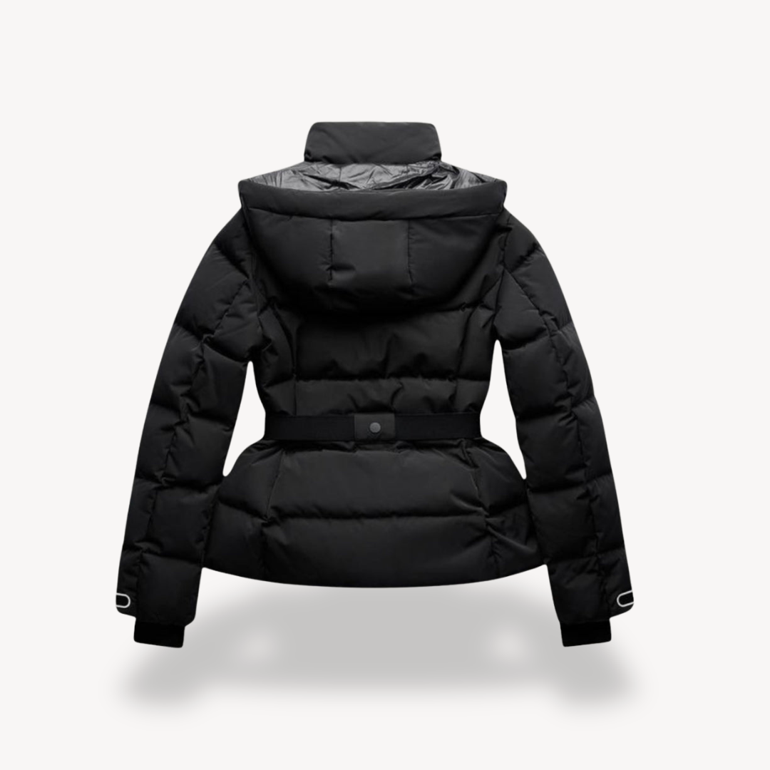 Belted puffer jacket with stand collar and zip front