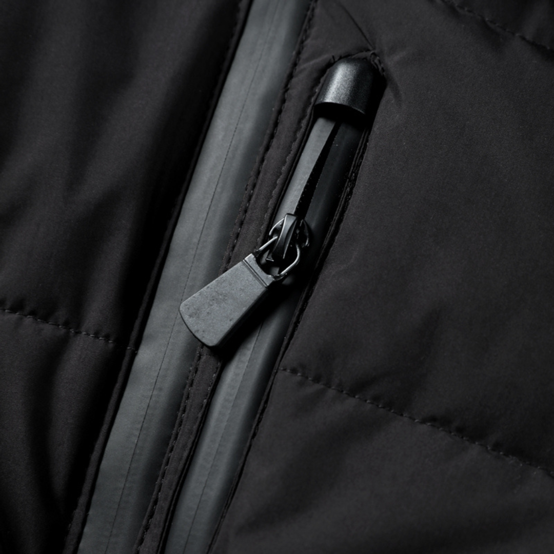 Belted puffer jacket with stand collar and zip front