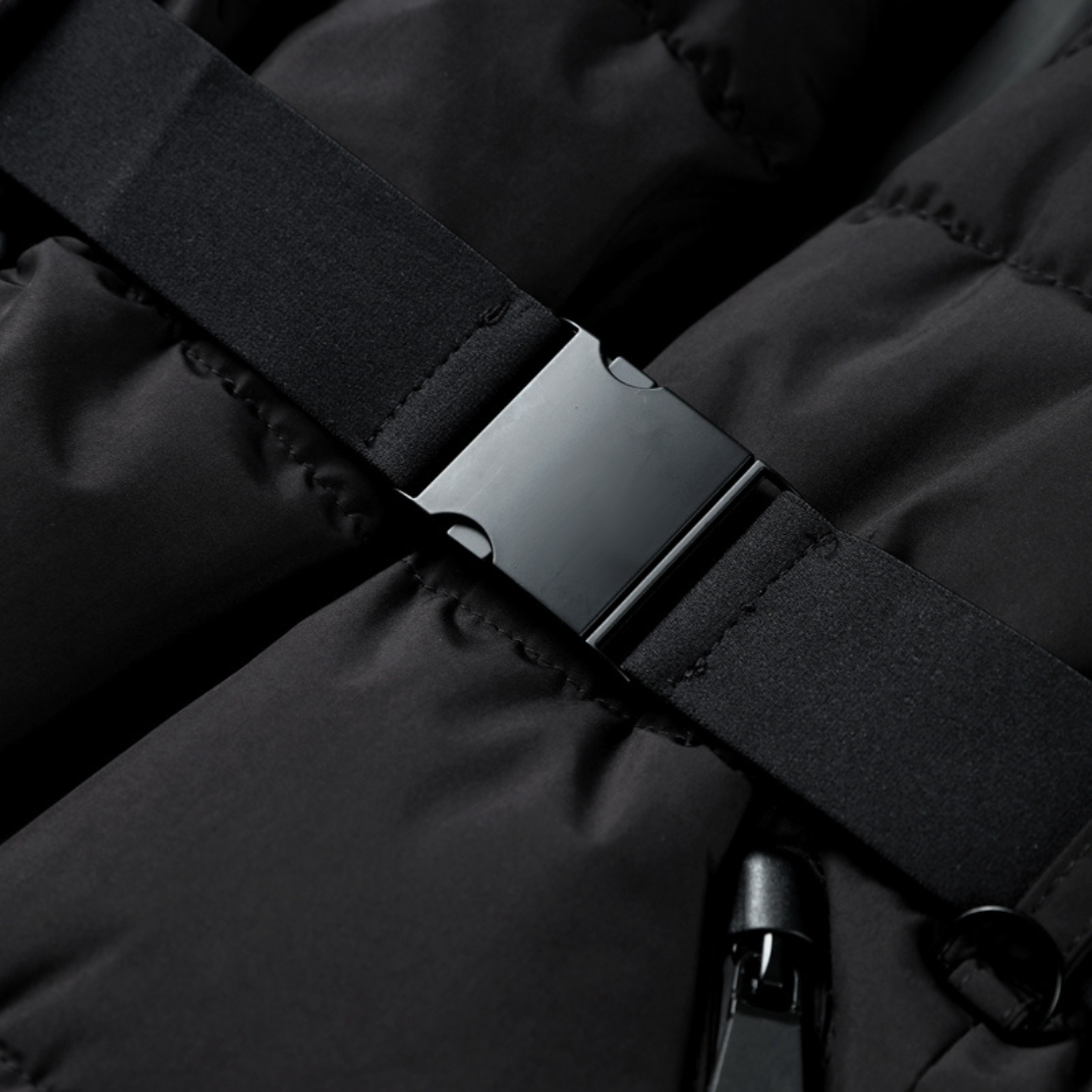 Belted puffer jacket with stand collar and zip front
