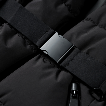 Belted puffer jacket with stand collar and zip front