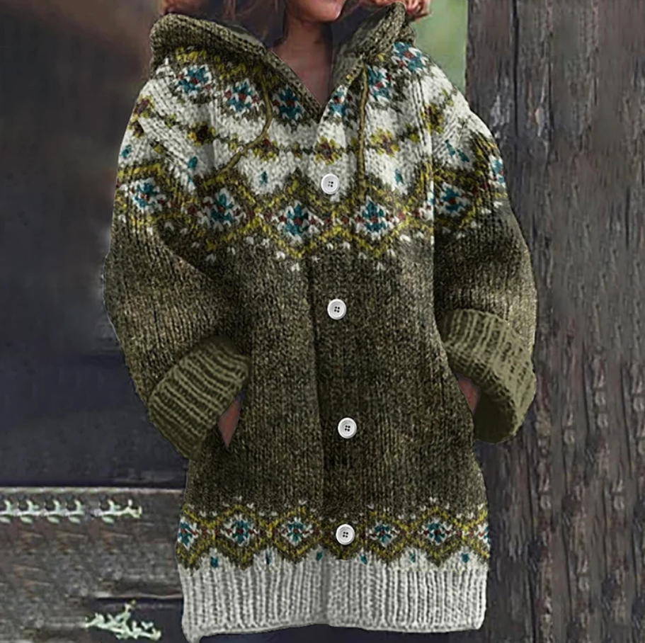 Green fair isle hooded knit cardigan with button front