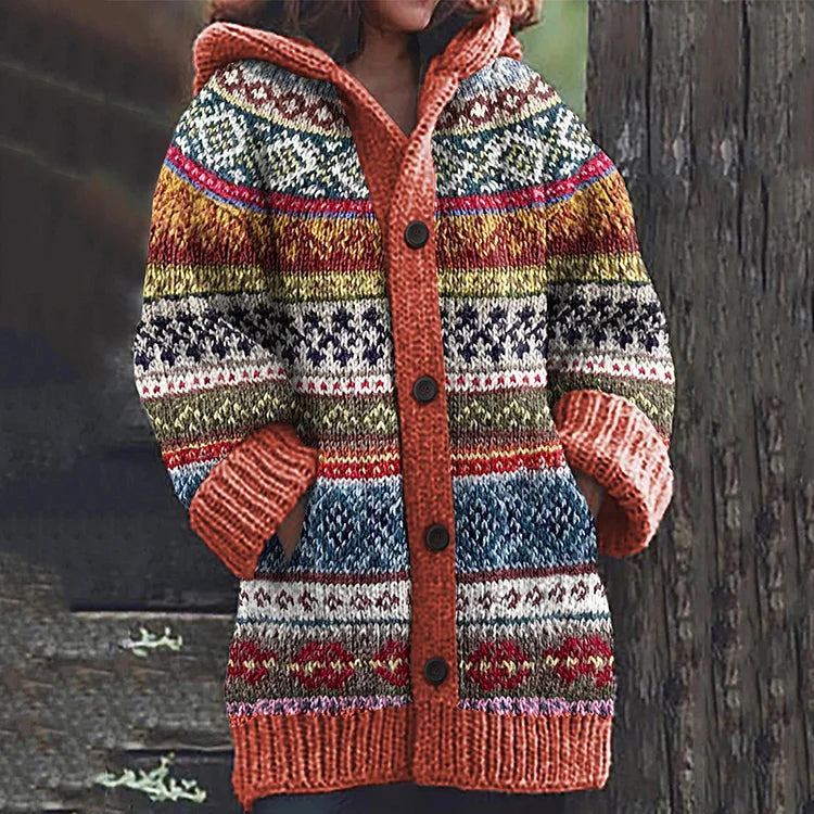 Orange fair isle hooded knit cardigan with button front