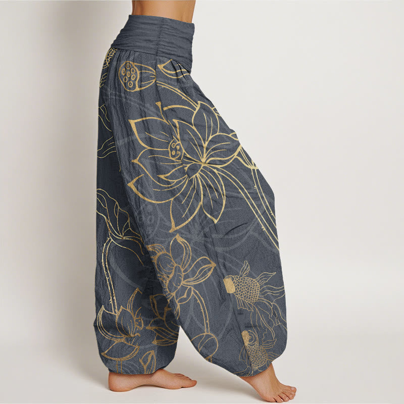 Beige Lotus Print Pure Cotton Harem Trousers
