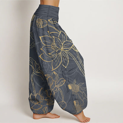 Beige Lotus Print Pure Cotton Harem Trousers