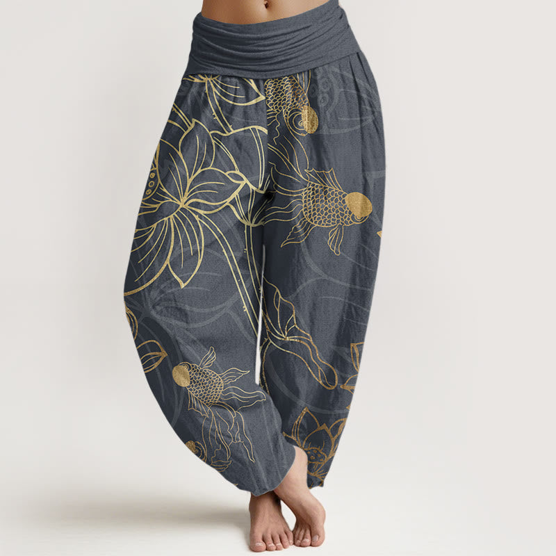 Dim Grey Lotus Print Pure Cotton Harem Trousers