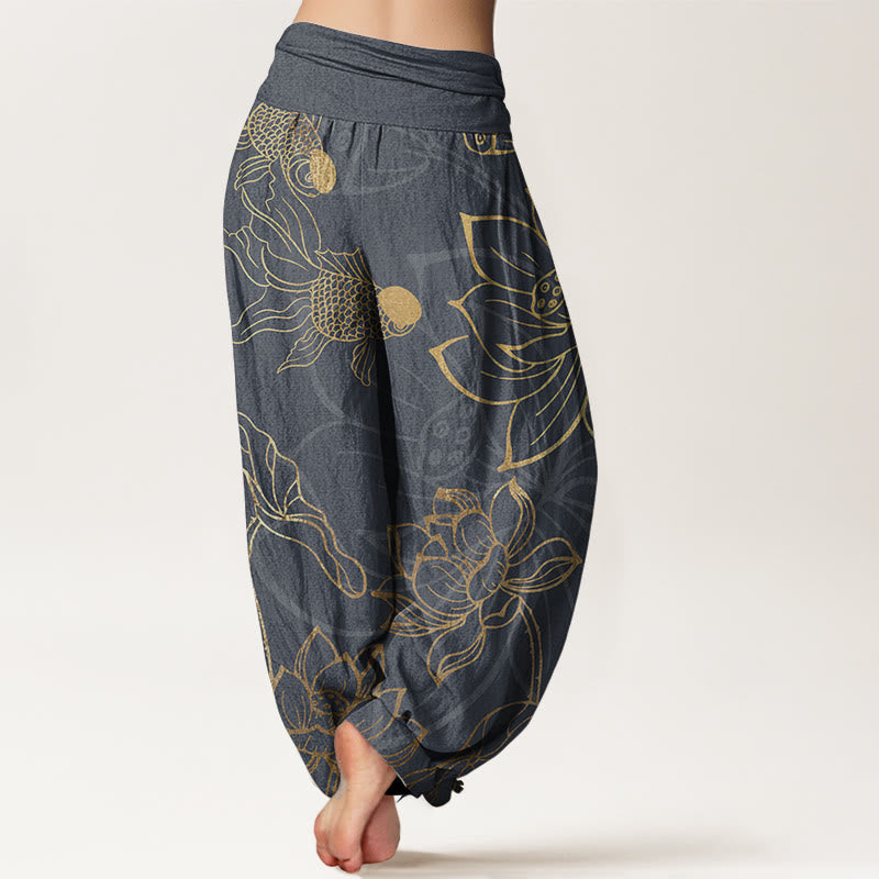 Dim Grey Lotus Print Pure Cotton Harem Trousers