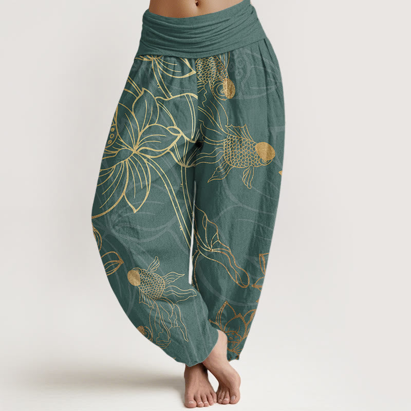 Dark Cyan Lotus Print Pure Cotton Harem Trousers, front view