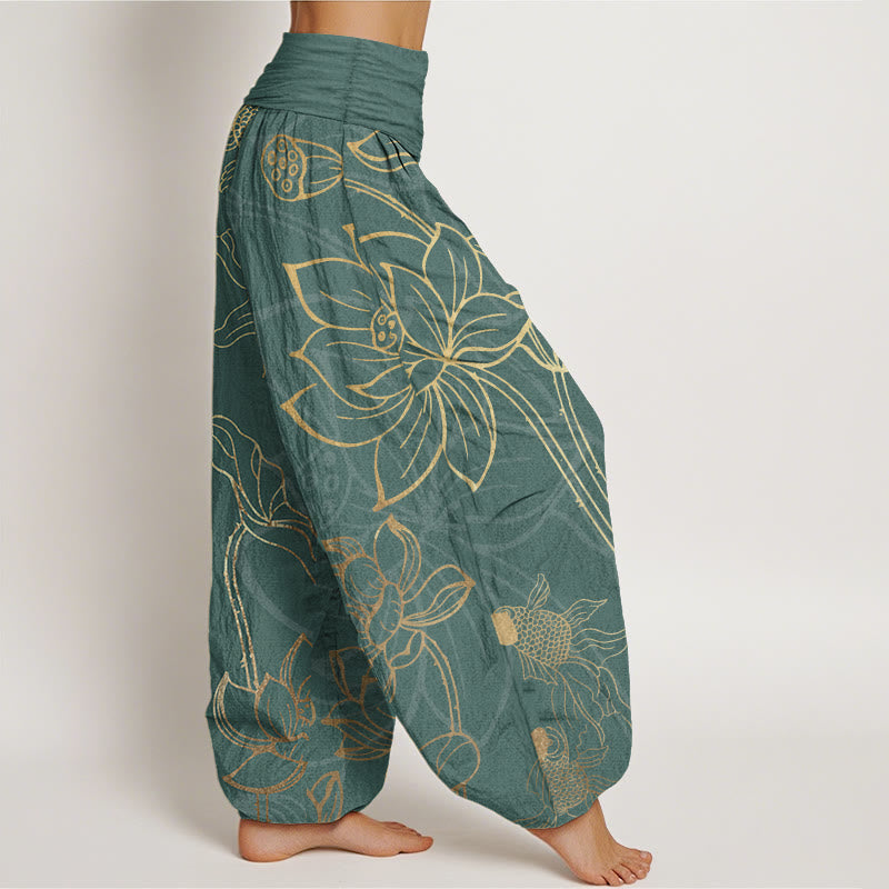 Beige Lotus Print Pure Cotton Harem Trousers