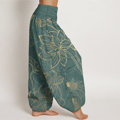 Beige Lotus Print Pure Cotton Harem Trousers