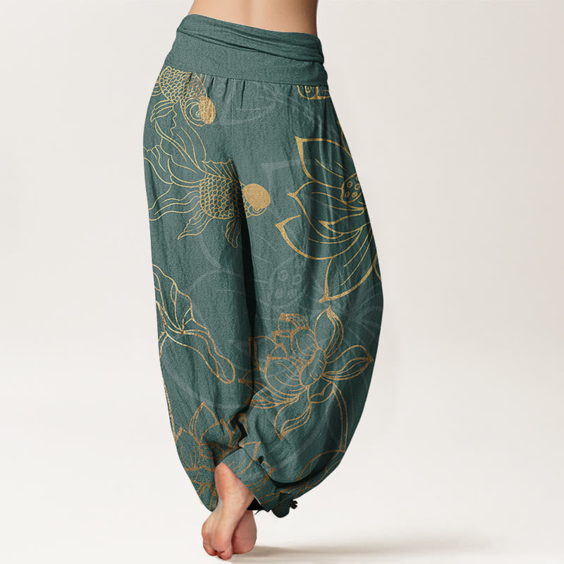Dim Grey Lotus Print Pure Cotton Harem Trousers
