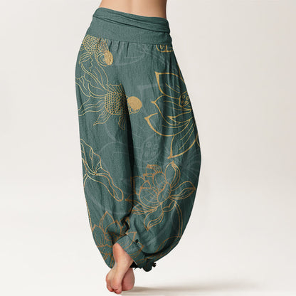 Dim Grey Lotus Print Pure Cotton Harem Trousers