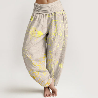Beige Lotus Print Pure Cotton Harem Trousers