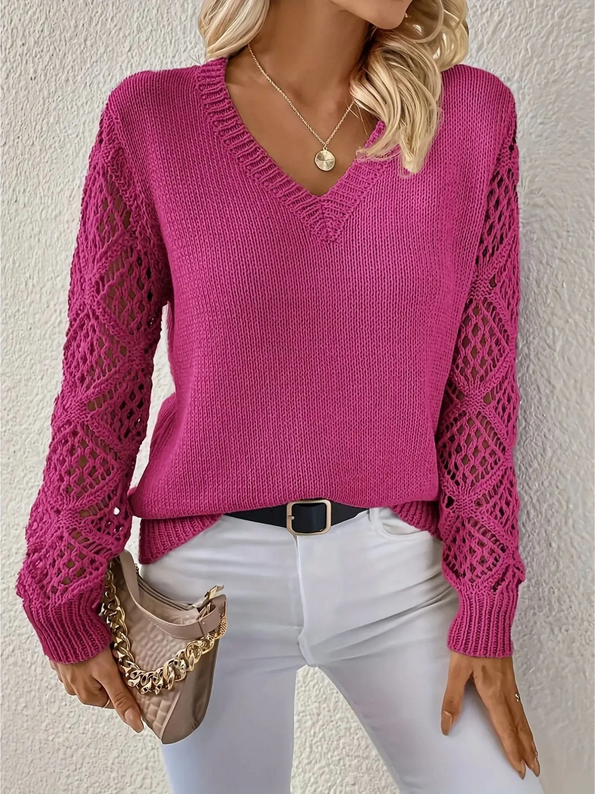 Women's Jumper | Crochet Sleeves & V-Neck 17