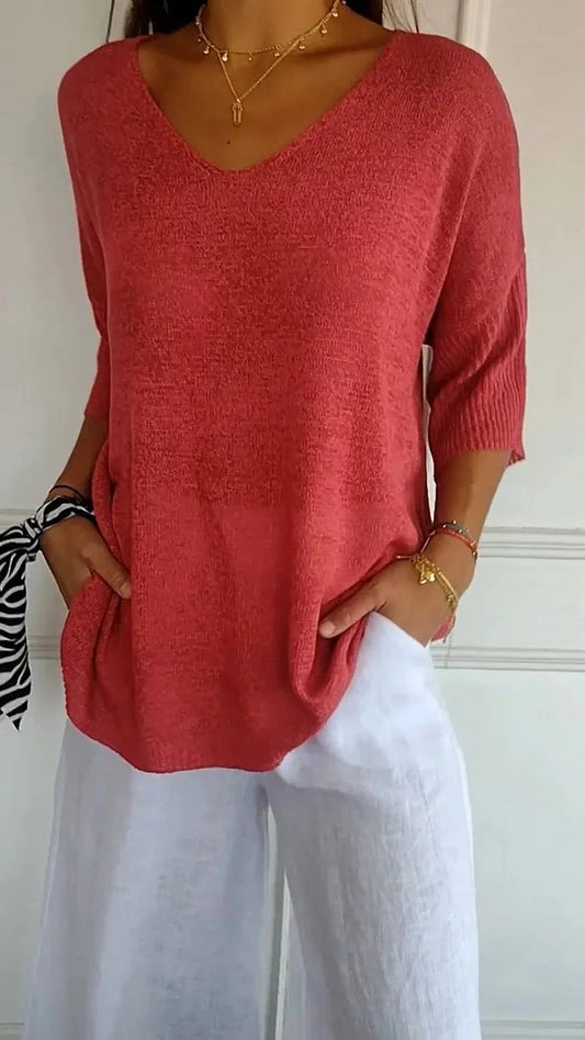 Women's V-Neck Oversized Knit Top | Half-Sleeve & Relaxed Fit 1