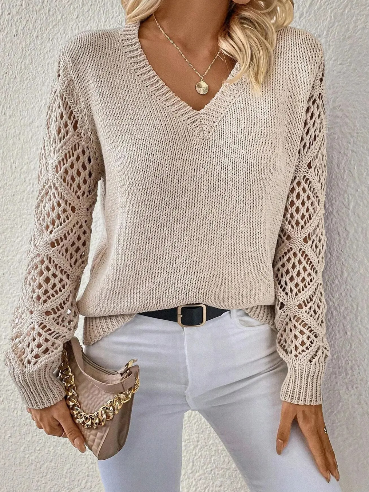 Women's Jumper | Crochet Sleeves & V-Neck 1