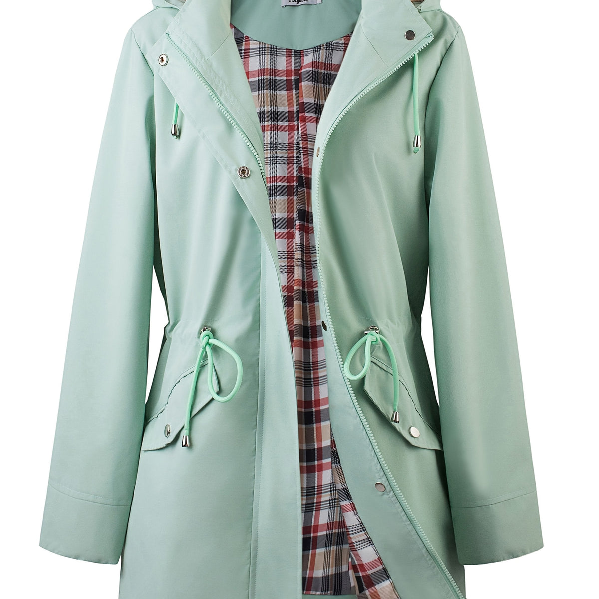 Light Green hooded anorak parka with drawstring waist and zip front