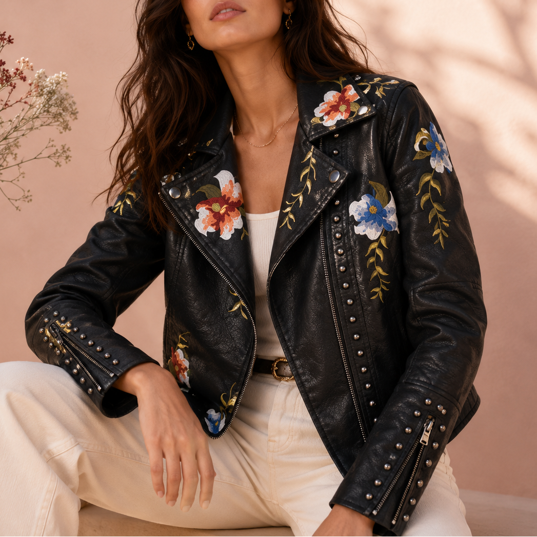 Women's Biker Jacket | Floral Embroidered Design 1