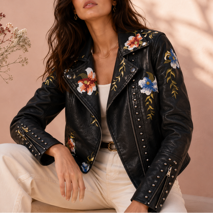 Women's Biker Jacket | Floral Embroidered Design 1
