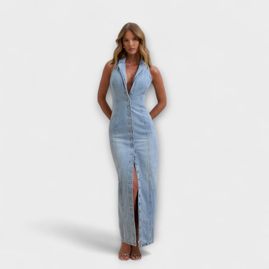 Chic Mid Wash Denim Maxi Dress for Any Occasion
